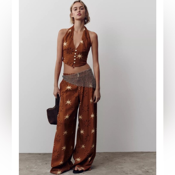 ZARA SUN PRINT BOHO LINEN BROWN WIDE LEG PANTS XS NWT - Picture 3 of 16